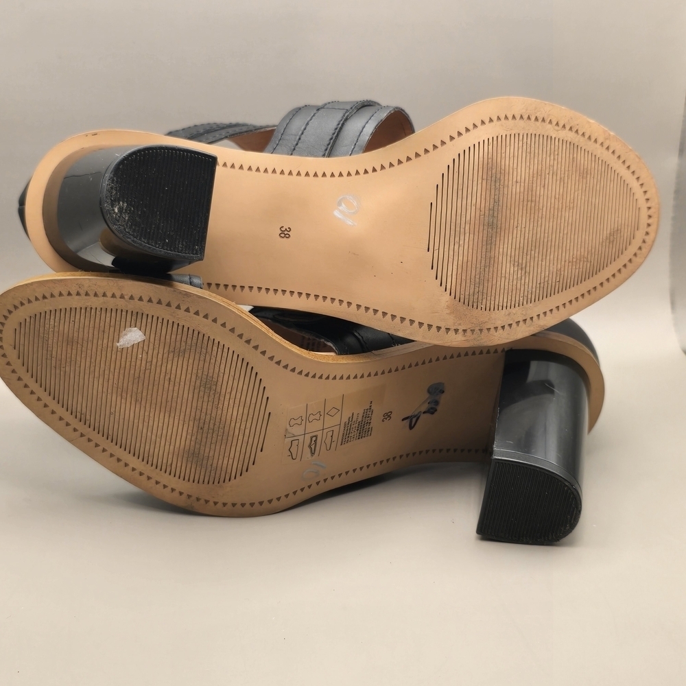 H&M Genuine Leather Sandal 3 Inch Block Heel Open Toe Adjustable Strap Black 7. - Picture 10 of 11
